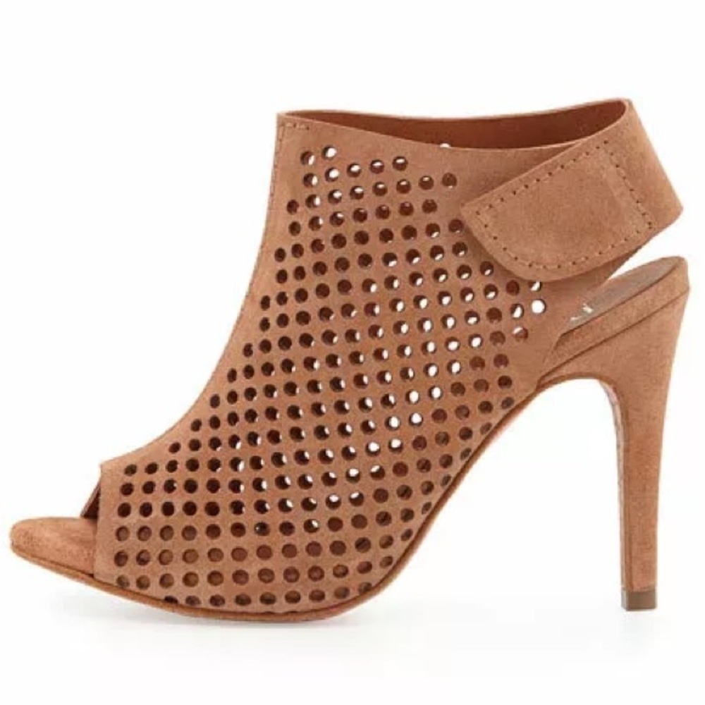 Pedro Garcia Sofia Perforated Suede Tan Peep-Toe Heeled Bootie Sandal EUC 39.5